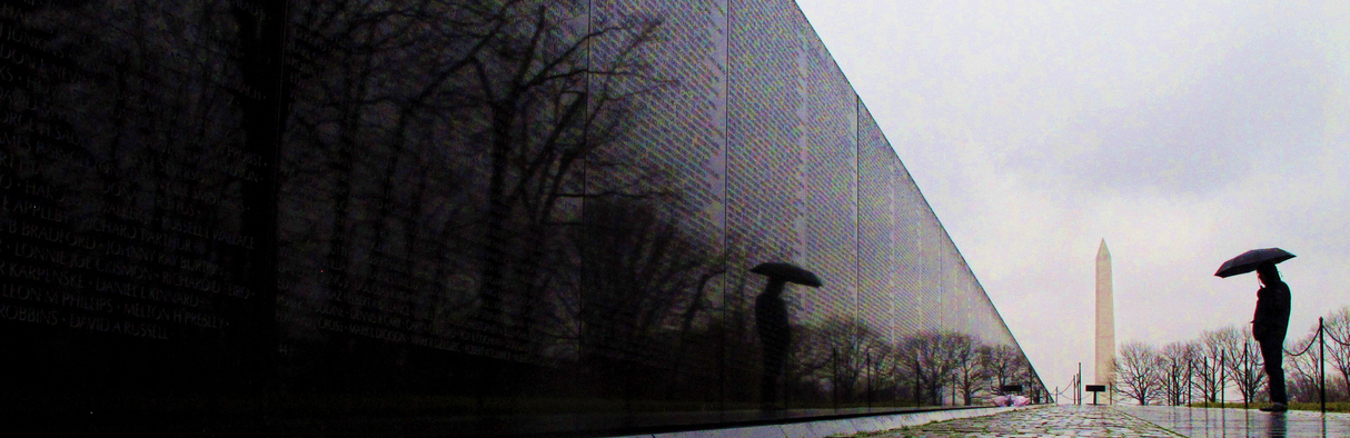 With the Washington Monument in the background a lone observer pays respects at
                                              the Vietnam War Memorial.